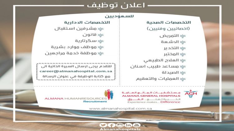 Vacant Post in Almana Hospital  | وظائف طبية وإدارية في مستشفى المانع